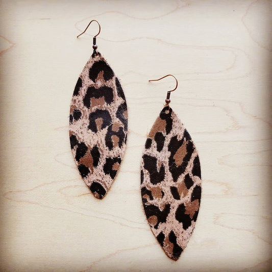 Narrow Leather Oval Earrings-Suede Leopard